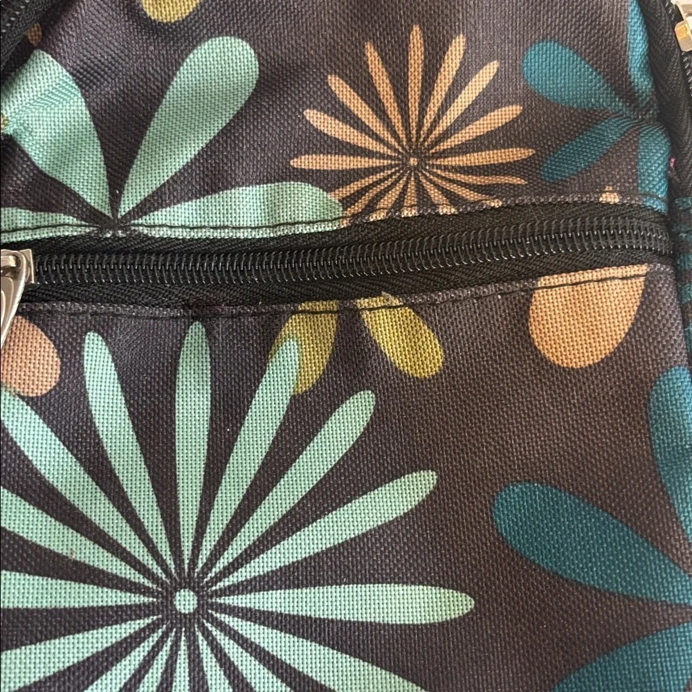 COMPASS CANVAS / NYLON CROSSBODY BAG BROWN GOLD BLUE FLORAL DESIGN MANY POCKETS
